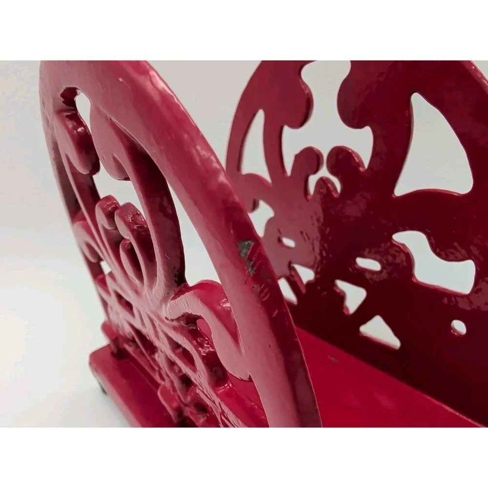 Cast Iron Napkin Holder Red Scroll Design Letter Organizer Farmhouse Heavy Vtg